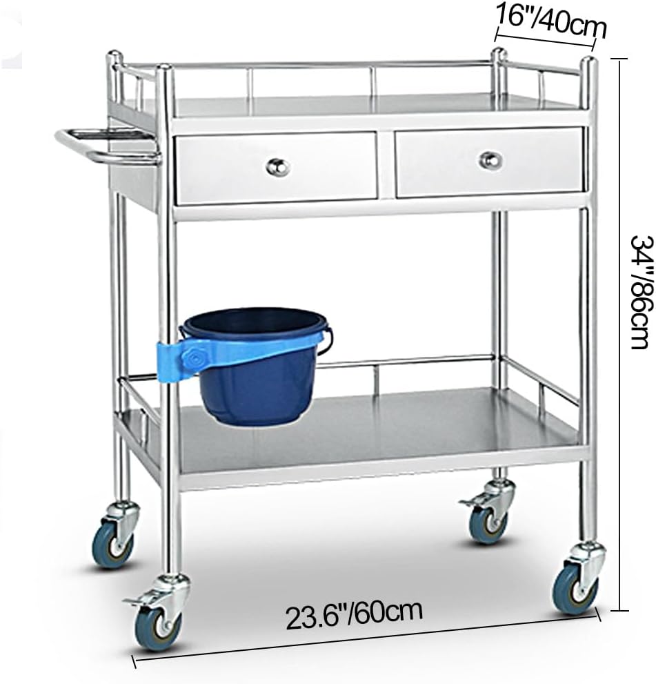Lab Rolling Cart, Trolley Cart, Medical Utility Cart, 3 Shelves Shelf Stainless Steel Rolling Cart, Catering Dental Clinic Utility Cart with Dirt Bucket, 2 Drawer,2 Layer L 23.6