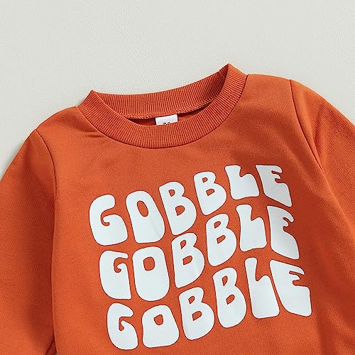Toddler Baby Thanksgiving Outfit Boy Girl Gobble Letter Print Pullover Sweatshirt Solid Color Pants Fall Clothes (Orange, 0-6 Months)4