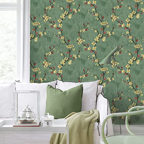 FENTIS Carta da Parati Verde Carta a Contatto Autoadesiva con Fiori Gialli e Foglie Rosse Pellicola Vinilica Vintage Rimovibile con Retro Adesivo Rotolo Impermeabile per Mobili Cucina 44,5x500cm