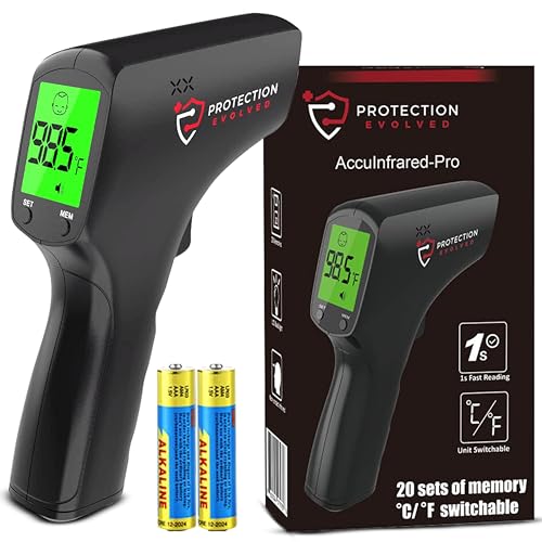 Forehead Infrared Thermometer for Kids/Adults/Room/Liquid Temperature Checks - Digital Handheld Non Contact LCD Thermometer with Alarm, 20 Memory Functions + Batteries Included