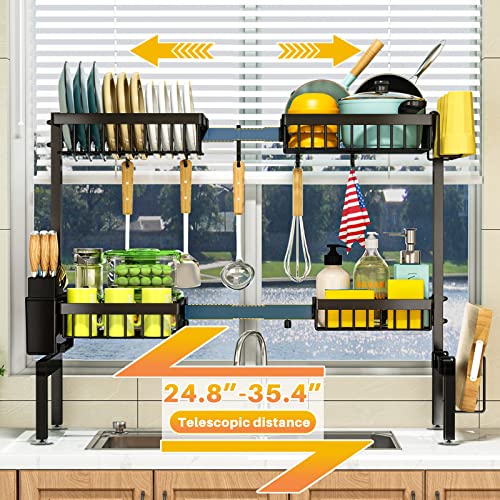 PurKeep Dish Drainer Rack - Over the Sink Dish Drying Rack with 4 Basket, 2-Tier Expandable (24.8 "-35.4") Kitchen Dish Rack with Metal Hook, Black - Image 2