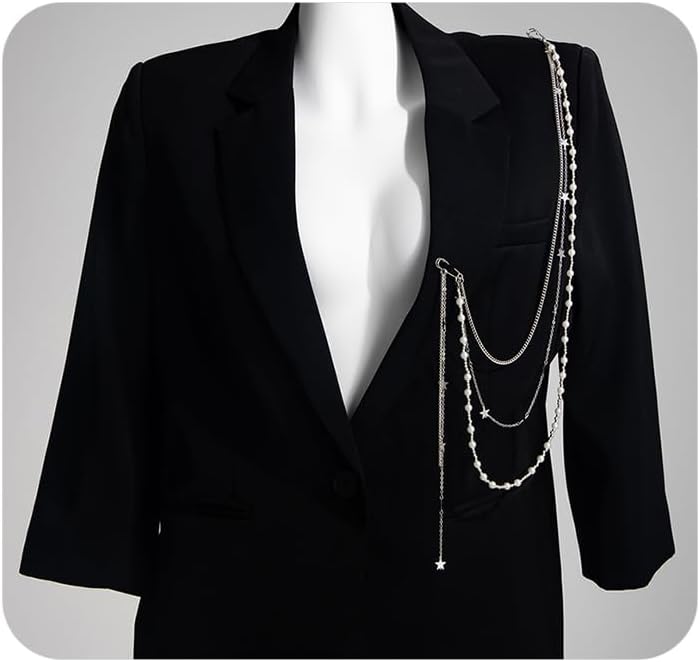 Pearl Chain Tassel Brooch Pin for Women,Long Pearls Beaded Chain Link Lapel Brooches,Suit Dress Outfit Jewelry Accessories