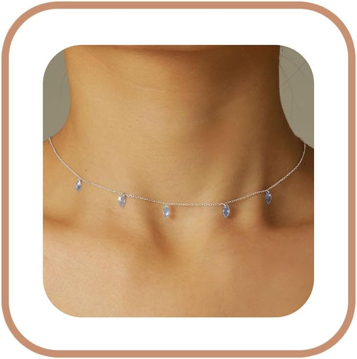 925 Sterling Silver Marquise Blue Cubic Zirconia Necklace for Women Dainty 14k Gold Plated Blue Eye Crystal Pendant Choker Necklace to Daughter Mom Trendy Charm Chain Birthday Mothers Day Jewelry Gift