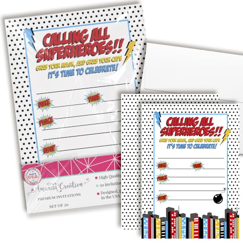 Super Hero Boy Birthday Party Invitations, 20 5x7 Fill In Cards with Twenty White Envelopes by AmandaCreation