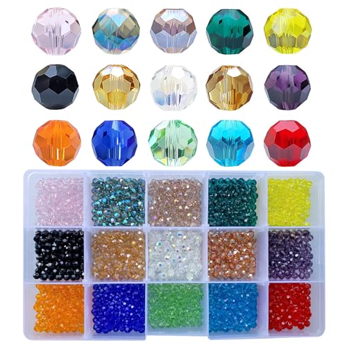 Chengmu 4mm Round Glass Beads for Jewelry Making 1500pcs AB Colour Faceted Shape Colourful Crystal Spacer Beads Assortments Supplies for Bracelets Necklaces with Elastic Cord Storage Box