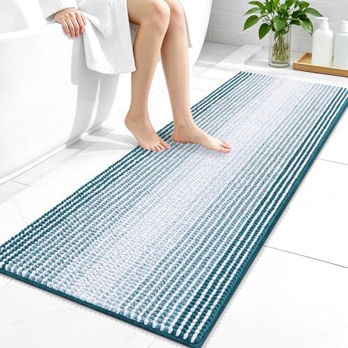 Image of OLANLY Bathroom Runner Rugs 47x20, Extra Soft Absorbent Chenille Striped Bath Rugs, Rubber Backing, Machine Wash Dry, Long Bath Mats for Bathroom, Tub, Shower, Home Decor Accessories, Peacock Blue