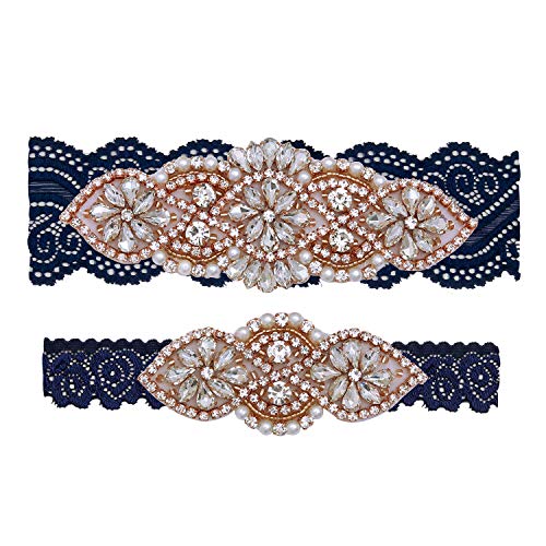 yanstar Wedding Bridal Garter Belt Navy Stretch Lace Bridal Garter Sets with Rose Gold Rhinestones for Wedding