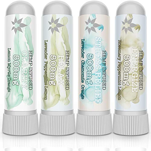 Aromatherapy Nasal Inhaler Essential Oil Diffuser infused with 2000mg Hemp Oil| Helps Relax, Reduces Stress, Clears Congestion & Stuffy Nose, Boosts Energy & Increases Focus | Set of 4 by Nutrabinns