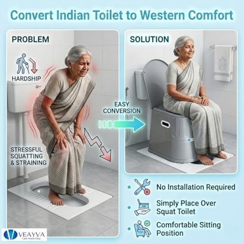 Image of Veayva Plastic, Steel Heavy Duty Portable Indian Toilet To Western Convertor Easygo Round Portable Commode | Toilet Stool | Toilet Commode For | Commode Stool | (ELEGANT GREY)