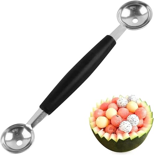 Cuchara de melón de frutas de doble cara, 2 en 1, cuchara de melón de acero inoxidable para helado de melón de sandía, melón, 7.1in, negroplateado