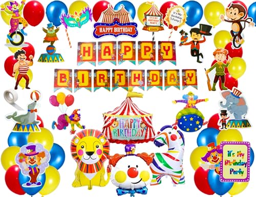 Image of 72 Pcs Circus Theme Birthday Decoration Happy Birthday Joker Lion Foil Balloon Multicolor Balloons for Decoration Carnival Party Decorations (Pack of 72, Multicolor)
