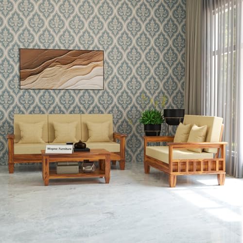 Image of Sheesham Wooden 5 Seater Sofa Set for Living Room | Rosewood Cushion Sofa with Side Newspaper Holder for Home & Office | Solid Wood Sofa Set for Lounge (Honey, 3+2 Seater)