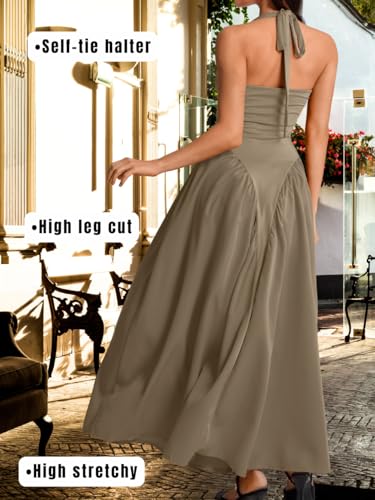 Image of ChiaoLezhee Deep V Neck Dress, Halter Maxi Dresses, Vacation Date Night, Sexy for Women Corset Flowy Wedding Guest Drop Waist