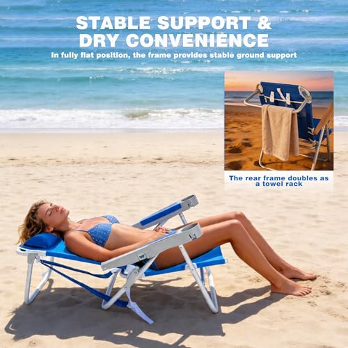 Image of SUNNYFEEL Extra Wide 28 inch Low Beach Chair 2 Pack 5 Position Lay Flat, XL Oversized Portable Folding Camping Chairs with Cup Holder for Outdoor /Trip, Foldable Backpack Beach Chair for Adults