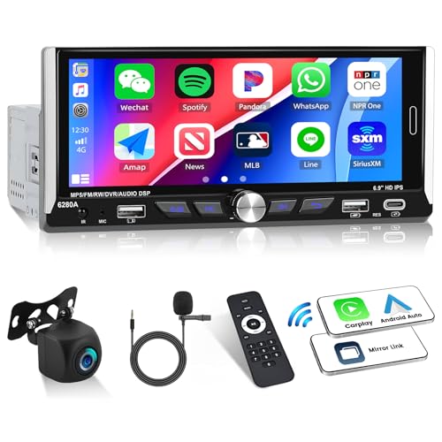 2+64G Android 13 Single Din Estéreo para Carro Tela Sensível ao Toque de 6,9 polegadas com Apple Car