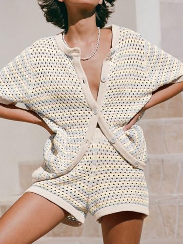 Image of Saodimallsu Womens Crochet Swimsuit Coverup Summer Beach Sets Striped Knit Short Sleeve Button Shirts 2 Piece Short Set