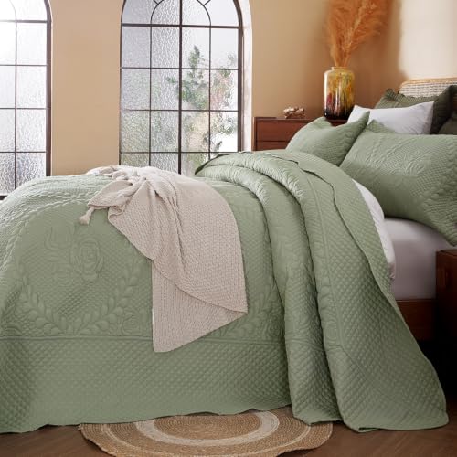 Image of EVENHUG Oversized King Bedspreads California King Quilt Set with Pillow Shams Extra Wide Large King Size Quilts Lightweight Coverlet Bedding Sets Sage Green 120 inchx128 inch