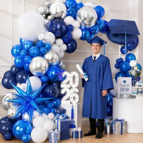 Image of Graduation Balloon Arch Kit 2026 Blue and White Balloon Garland Royal Blue White Silver Balloons with Star Foil for Congrats Grad Class Retirement Prom Birthday Baby Shower Wedding Party Decorations