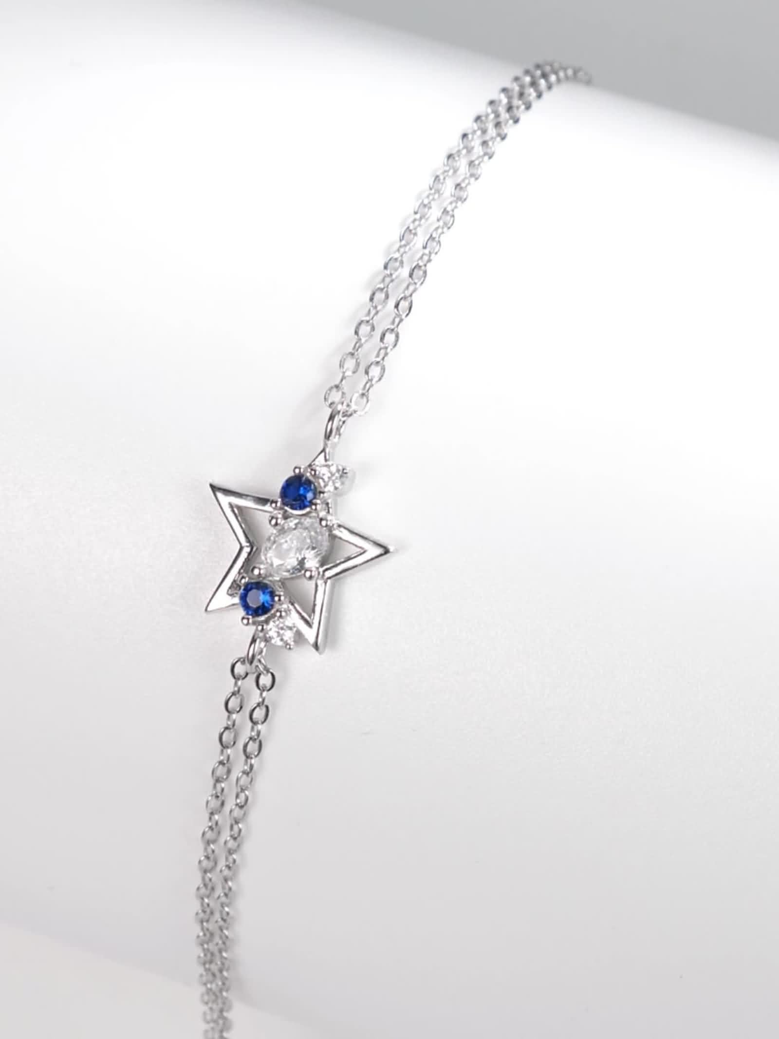 Bracelets en or blanc 9 K/14 K/18 K pour femme, chaîne double couche, bracelet à maillons en forme d'étoile pour femme avec diamant véritable bijoux en or blanc, au 375/585/750 avec saphir