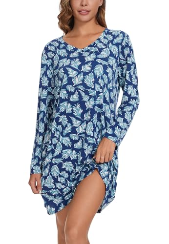 Image of Kabento 2 Pack Long Sleeve Nightgowns for Women Soft Cotton Night Gowns Sleepwear V Neck Nightshirts
