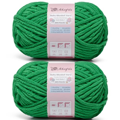 Image of 2 Pack Fruit Green 14.1 oz /196.8 yds Chunky Chenille Yarn for Crocheting, #7 Super Bulky Baby Blanket Yarn for Crocheting Soft, Fluffy Velvet Yarn for Knitting, Amigurumi Crochet Yarn for Crafts