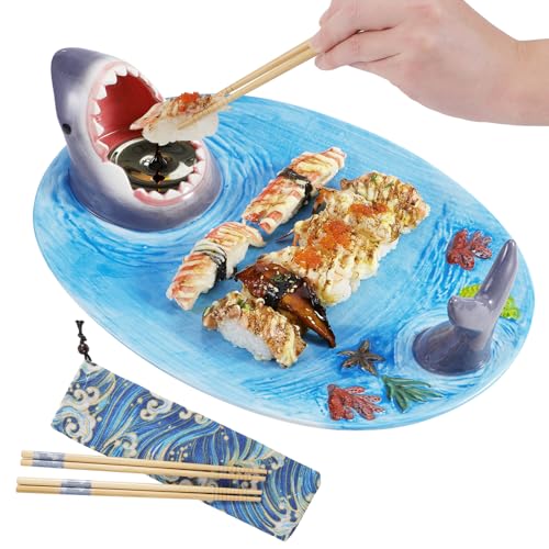 EXLIPO Shark Plates, plato de sushi 3 en 1 mejorado con palillos, plato de sushi de tiburón, plato de tiburón con compartimento para salsa, material apto para alimentos, apto para microondas, horno,