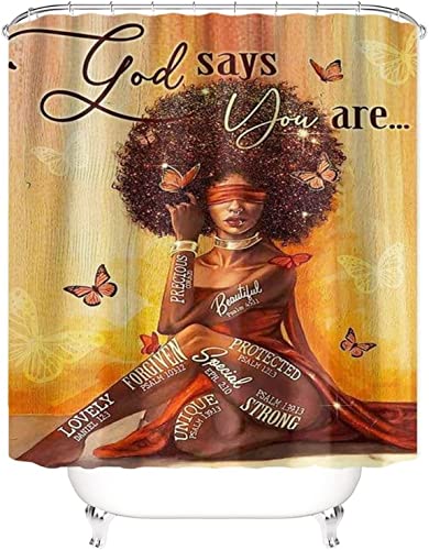 Byitre 4Pcs Shower Curtain Set W/ Rugs,Toilet Lid Cover & U-Shaped Mat,African American Shower Curtains For Bathroom Waterproof Polyester Black Women Bathroom Sets, 71''X71'' (Qy005Blindfolded Girl) #TOP1