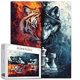 Flame Tiger Ice Wolf Jigsaw Puzzle, Chessboard Abstract Art, 1000 Pieces, Family Game, Colorful DIY Home Decor Gift
