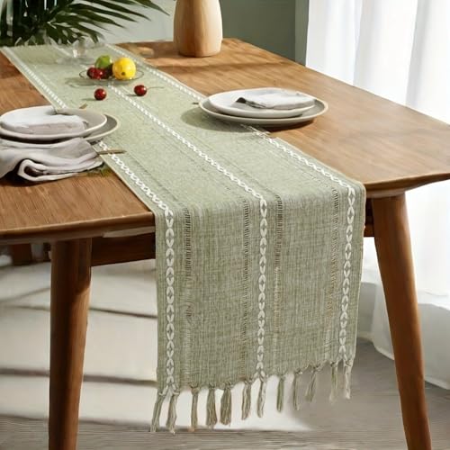 Chemin de table vert rustique brodé décoration table cuisine restaurant 33x200