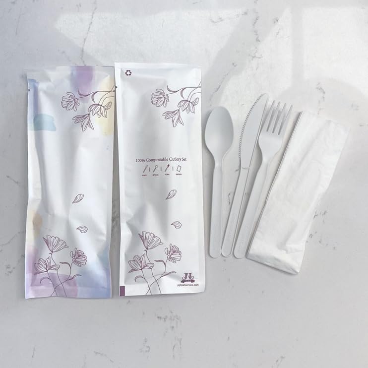 Juego de 30 tenedores de cubiertos desechables envueltos individualmente (7 pulgadas), cuchillo (7 pulgadas), cuchara (6.5 pulgadas), servilletas