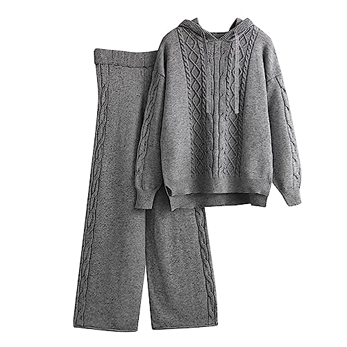 MJGkhiy Conjunto de chándal elegante para mujer de 2 piezas, con suéter y pantalones de pierna ancha, conjunto de lana cálido, conjunto coordinado, cómodo, para casa, ropa para otoño e invierno, gris