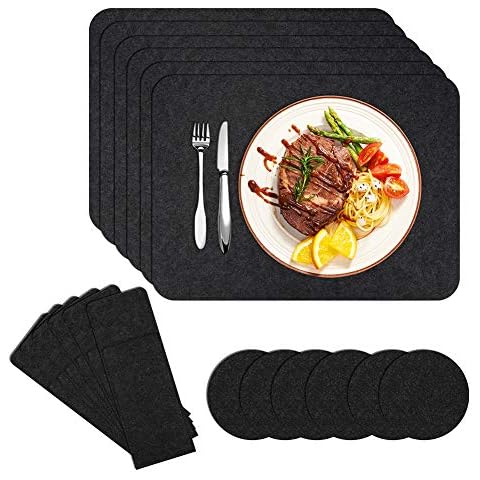 Placemats for Dining Table, Felt Mats Sets with 6x Placemats, 6x Coasters, 6x Long Cutlery Bags, Heat-Resistant and Washable Place Mat (Black, 18 Pcs) Cover