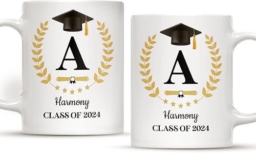 wowcugi Regalos de graduación para ella, él, clase de 2024, taza de café de graduación personalizada con inicial, 11 onzas, 15 onzas, grado