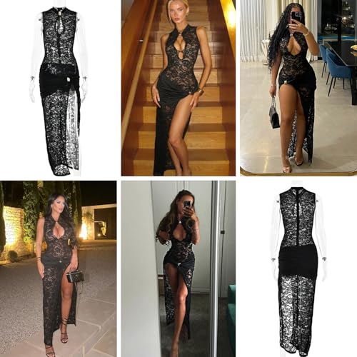 Image of JUMISEE Women's Sexy High Slit See Through Lace Maxi Dress Sleeveless Hollow Out Bodycon Cocktail Dress Evening Gown
