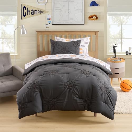 Image of Basketball Pintuck Comforter Set Twin Size - Bed in a Bag with Sheets, Pillowcases & Shams - Soft Stylish Sports Bedding - All Season Boy's Basketball Bed Set