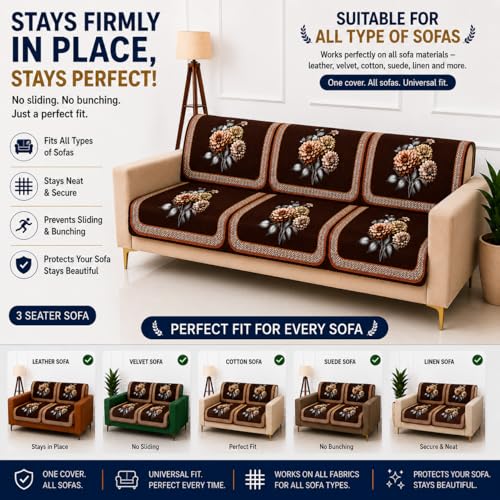 Image of Homerz 'Brooklyn Series' Premium Sofa Cover | Quilted Floral Design | Non-Slip Washable Sofa Protector | Soft Anti Slip Fabric (Brown, 7 (3+2+2) Seater, Seat Cover with Backrest)