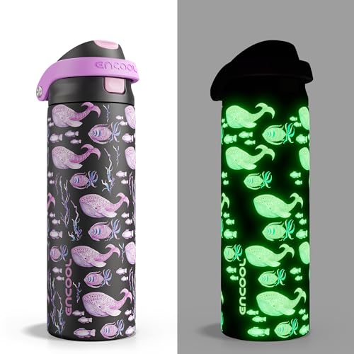 Image of ENCOOL Leakproof Insulated Water Bottle with Straw Dual-Sip Water Bottle Bag-Safe Design for Work, Commute & Gym - Keeps Drinks Cold All Day, 24 oz, Neon Whale