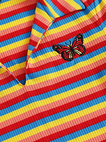 Shein Women's Striped Embroidery V Neck Ribbed Knit Bodycon Mini Dress Rainbow Short Sleeve Collar T Shirt Dresses Multicolor Medium #TOP2