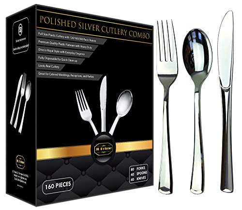 JL Prime 160 Silver Plastic Silverware Set, Silver Plastic Cutlery Set Heavy Duty Utensils for Party & Wedding, Disposable Silver Flatware, 80 Plastic Forks, 40 Plastic Spoons, 40 Plastic Knives