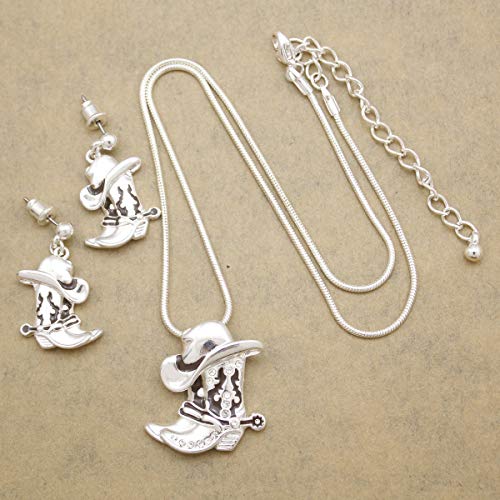 Rechicgu Silver Western Texas Cowgirl Cowboy Hat Stetson Boot Spur Rodeo Snake Chain Earrings Necklace Set #TOP2