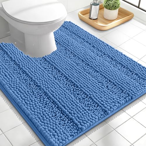 Image of OLANLY Thick Toilet Rugs U-Shaped 24x20, Extra Soft Absorbent Chenille Striped Contour Bathroom Rugs for Toilet, Dry Quickly, Machine Washable, Non-Slip Bath Mat, Cornflower Blue