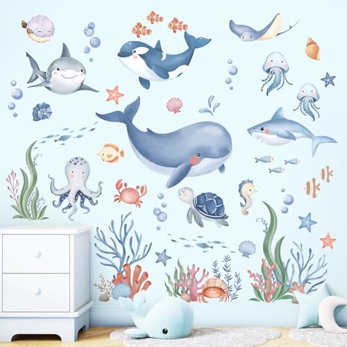 wondever Pegatinas de Pared Bajo el Mar Peces Adhesivos Decorativos Oceano Ballena Tiburón Tortuga Algas Vinilos Pared para Baño Habitación Infantiles Niños Bebés Guardería