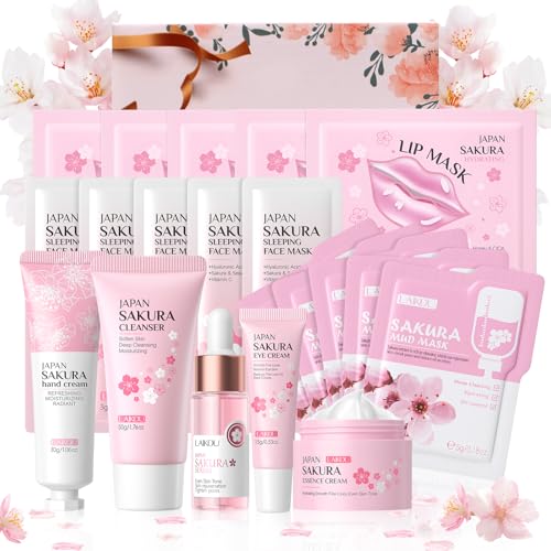 LAIKOU Sakura Skincare Set, 20PCS Face Care Kit, Cleanser, Serum,...
