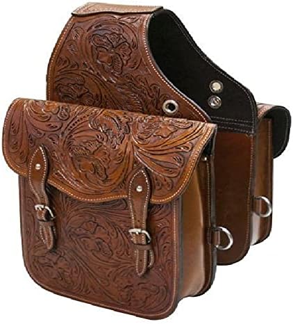 BNB INTERNATIONAL Cowhide Genuine Leather Western Equestrian Trail Tooling Carving Horse Saddle Bag Tooled Carved Pack Equipment Horse Saddle Bags Size: 10” L x 10” W x 3 ½” D inches BAG14