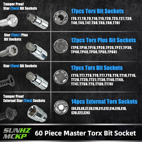 image for SUNHZMCKP 60 Piece Master Torx Bit Socket and External Torx Socket Set