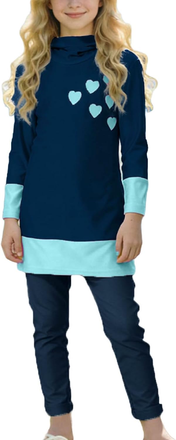 Girls Long Sleeve Modest Swim Tunic with Full Length Pants Two Piece Heart Print Rash Guard Set for Beach Swimming