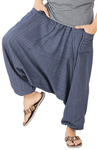 CandyHusky Mens Stripe Cotton Summer Baggy Boho Aladdin Hippie Yoga Harem Pants (Dark Blue)