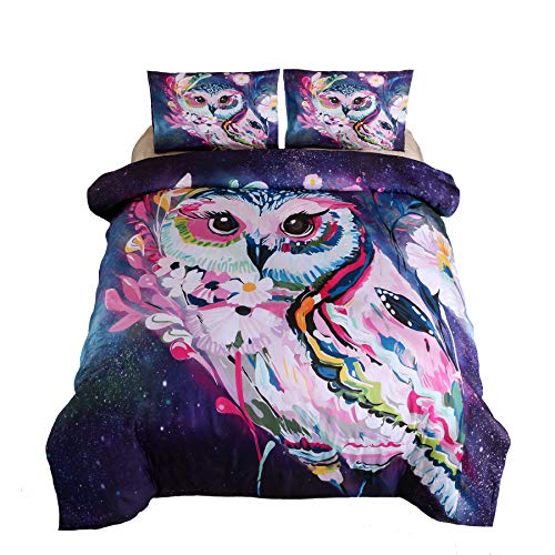 Suncloris,Galaxy 3D Cartoon Floral Owl,Home Decor Bedding Sheet Duvet Cover Set .Included:1*Duvet Cover,2*Pillowcase(No Comforter Inside) (Queen) #TOP18