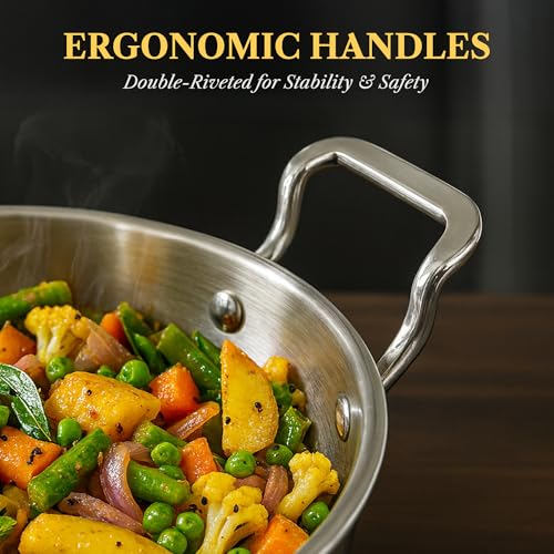 Image of SOLARA Sterra Stainless Steel Kadai /Kadhai with Lid, 22cm /8.6 inch, 2.3Ltr, Induction Base Friendly, 3-Layer Triply Thick Sandwich Bottom, 100% Toxin-Free, No Chemical Coating
