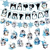 Penguin Birthday Party Decorations, Penguin Happy Birthday Banner with Hanging Swirls for Winter Themed Birthday Party Supplies